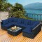 7Pcs Rattan Patio Conversation Set Sectional Furniture Set W/ Navy Cushion